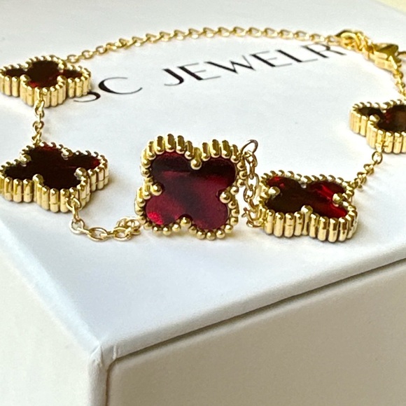 Clover Bracelet Velvet Red Double Sided Four Leaf - Picture 3 of 11